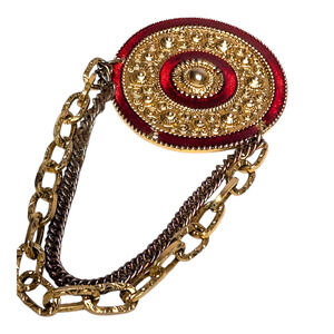 Gold Plated Red Enamel‎ Chain Brooch Pin Vintage Elaborate Jewelry 4in